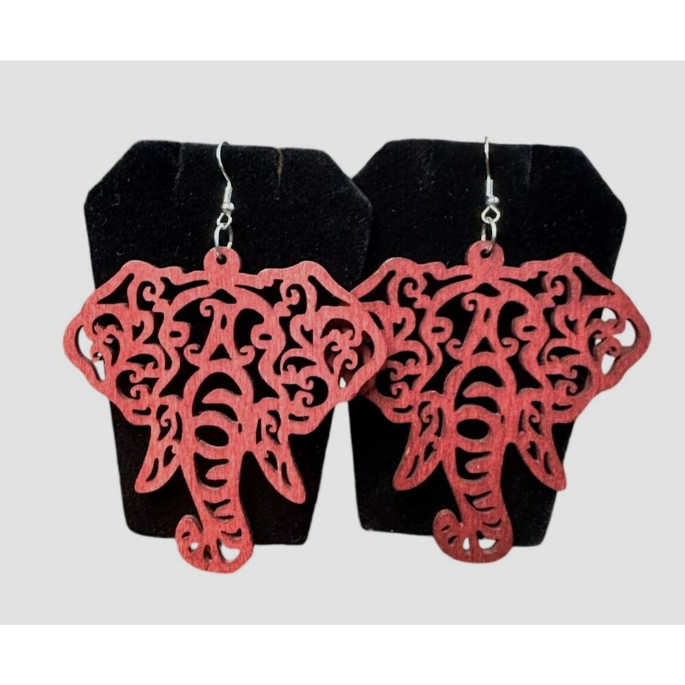 Elephant dangle earrings wood carved boho wildlife safari artisan unique fun